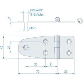 Roca staartscharnier vlak RVS 100 x 39 mm 441740