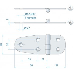 Roca staartscharnier vlak RVS 107 x 40 mm 441710