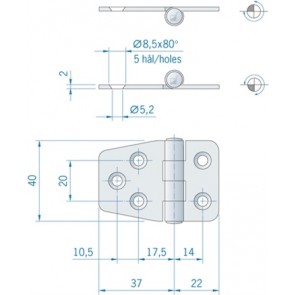 Roca staartscharnier vlak RVS 59 x 40 mm 441509