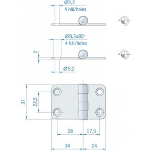 Roca vlakscharnier met ronde hoeken RVS 58 x 37 mm 441550